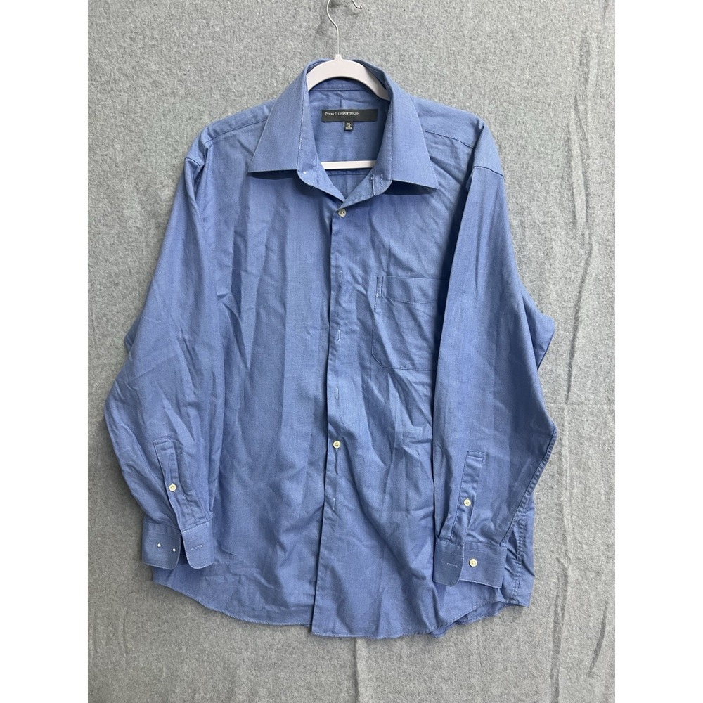 Perry Ellis Portfolio Mens XL 17 34/35 Blue Wrinkl Free Cotton Button Down Shirt